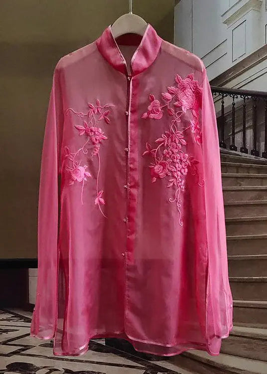 New Rose Embroidered Button Tulle Shirt Long Sleeve Ada Fashion