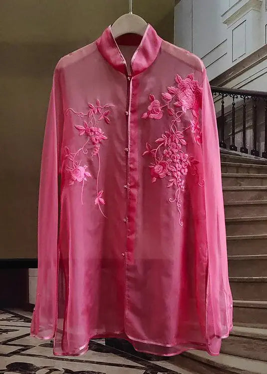 New Rose Embroidered Button Tulle Shirt Long Sleeve Ada Fashion