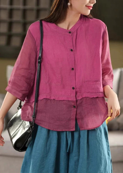 Linen Blouses Neck O Button Patchwork Summer Rose New FashionChic