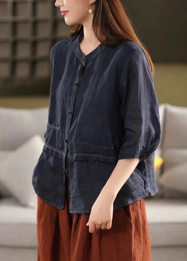 Linen Blouses Neck O Button Patchwork Summer Rose New FashionChic