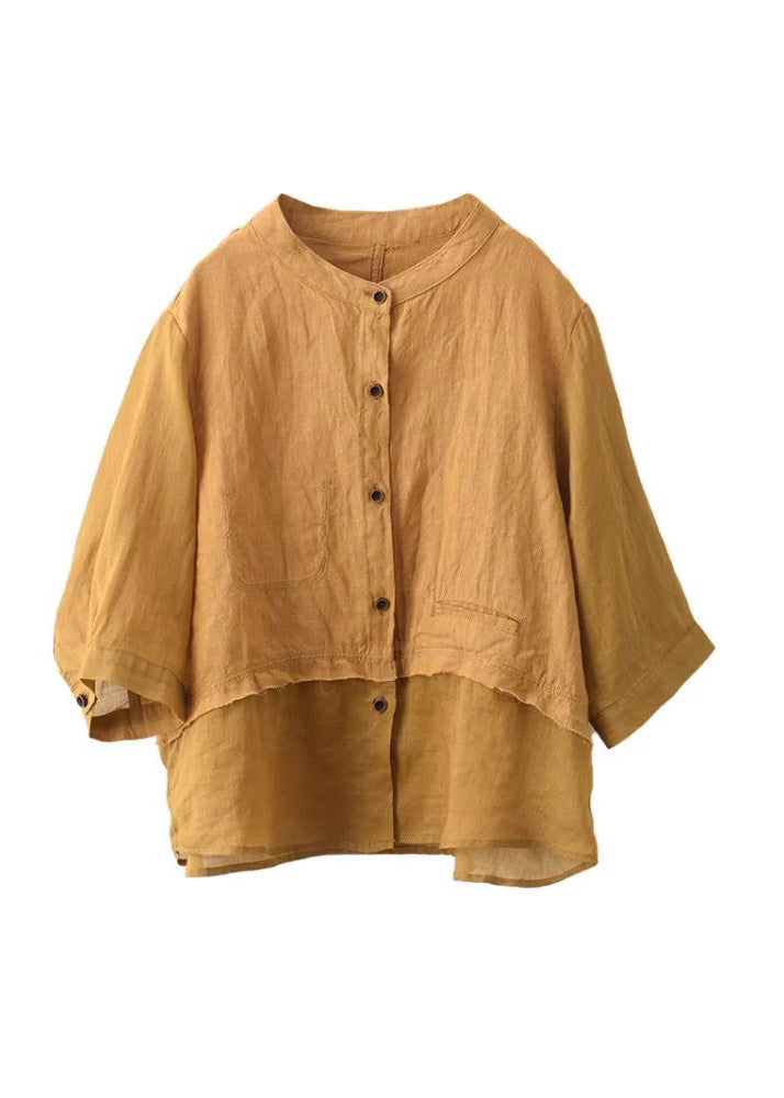 Linen Blouses Neck O Button Patchwork Summer Rose New FashionChic