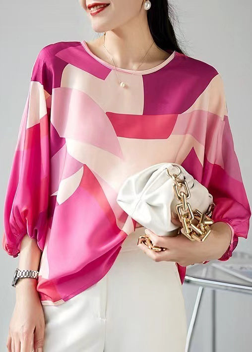 New Rose O Neck Print Button Silk Blouse Spring OP1094 Ada Fashion