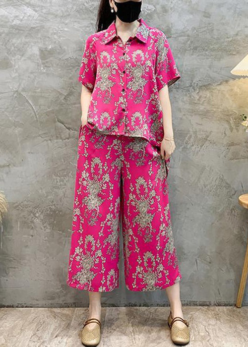 New Rose Print Shirts Tops And Crop Pants Cotton Two Pieces Set Summer AU1056 MZF-240903