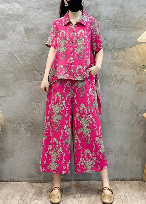 New Rose Print Shirts Tops And Crop Pants Cotton Two Pieces Set Summer AU1056 MZF-240903