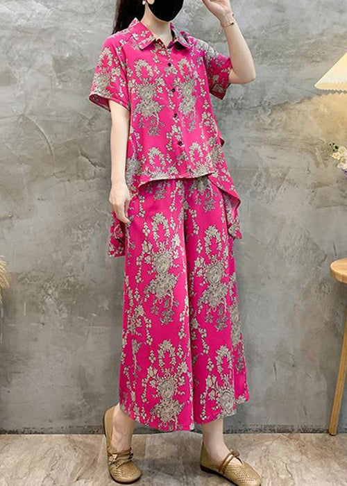 New Rose Print Shirts Tops And Crop Pants Cotton Two Pieces Set Summer AU1056 MZF-240903