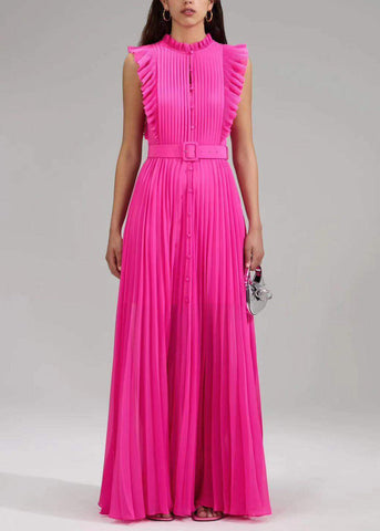 New Rose Ruffled Button Sashes Chiffon Maxi Dresses Sleeveless WW1063 Ada Fashion