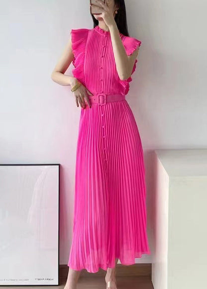 New Rose Ruffled Button Sashes Chiffon Maxi Dresses Sleeveless WW1063 Ada Fashion