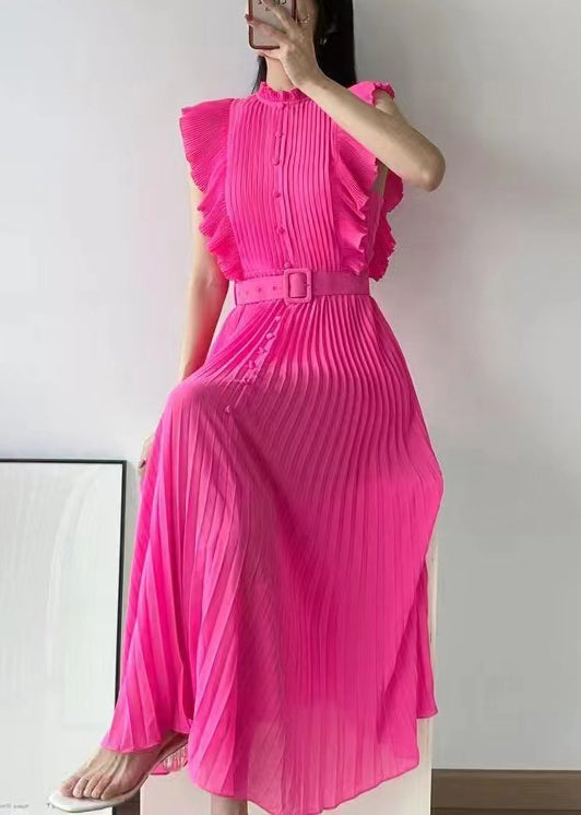 New Rose Ruffled Button Sashes Chiffon Maxi Dresses Sleeveless WW1063 Ada Fashion