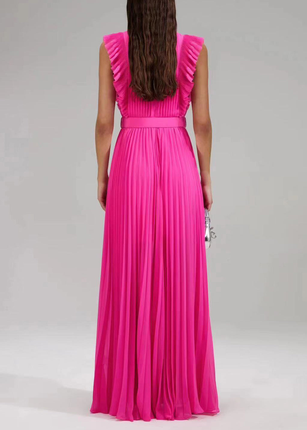 New Rose Ruffled Button Sashes Chiffon Maxi Dresses Sleeveless WW1063 Ada Fashion