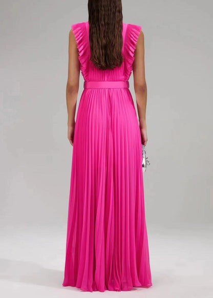 New Rose Ruffled Button Sashes Chiffon Maxi Dresses Sleeveless WW1063 Ada Fashion