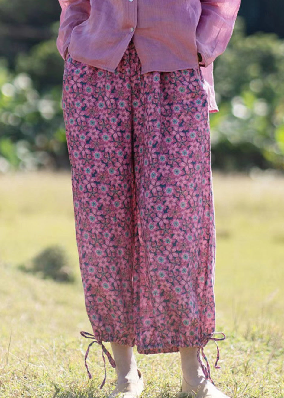 New Rose Ruffled Print Lace Up Linen Crop Pants Summer GH1075 Ada Fashion