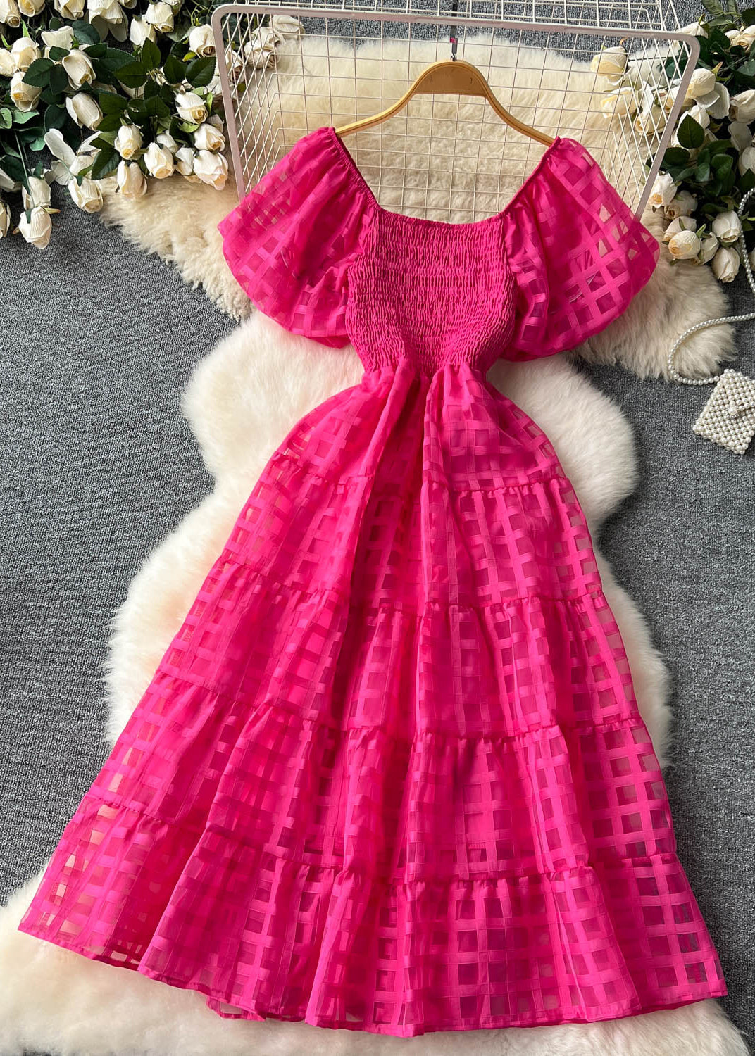 New Rose Square Collar High Waist Chiffon Dresses Summer TR036 ZS-SDL240730