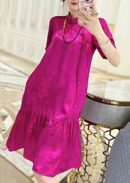 New Rose Stand Collar Button Pockets Silk Dresses Summer Ada Fashion