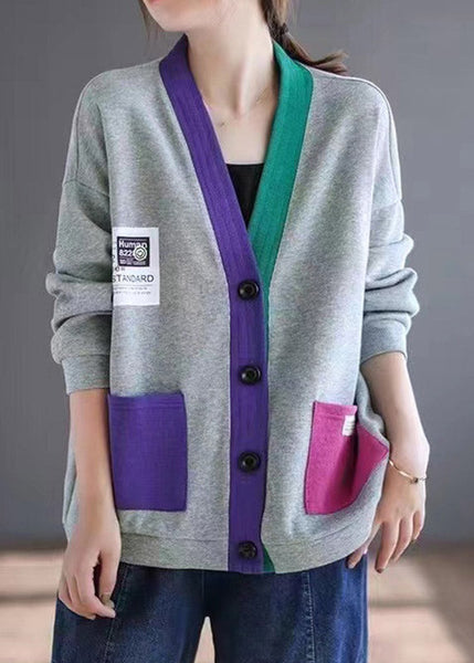 Rose Button Cardigan V Patchwork Spring Neck New Cotton FashionChic