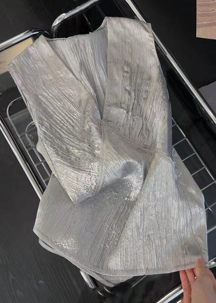 New Silver V Neck Lace Up Silk Tank Sleeveless PP029 OM-NZ240827