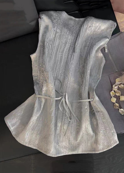 New Silver V Neck Lace Up Silk Tank Sleeveless PP029 OM-NZ240827