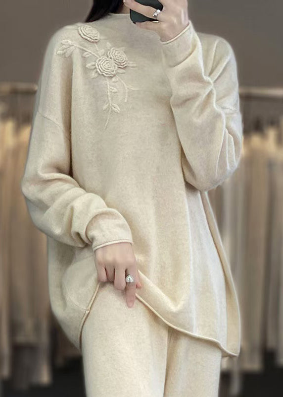 New Simple Beige Embroidered Wool Knit Pullover Spring TQ015 ABC