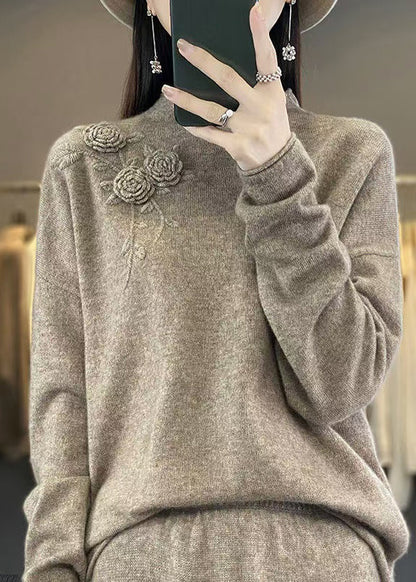 New Simple Beige Embroidered Wool Knit Pullover Spring TQ015 ABC