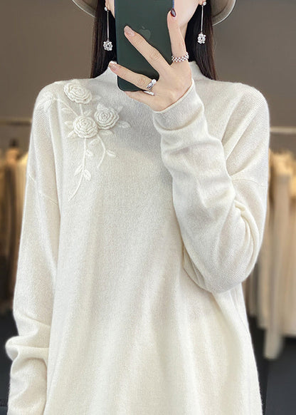 New Simple Beige Embroidered Wool Knit Pullover Spring TQ015 ABC