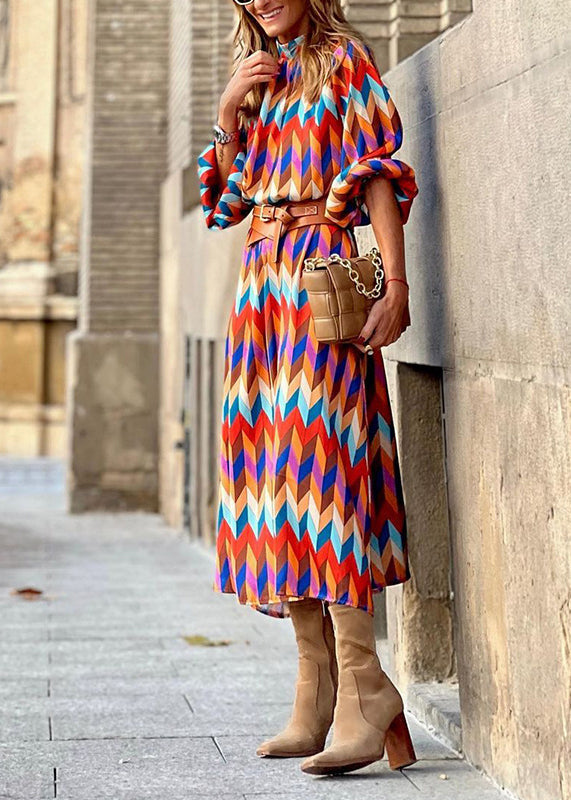 New Stand Collar Geometric Print Cotton Long Dresses Lantern Sleeve QR011 BB-ZS-WM-FDL240929