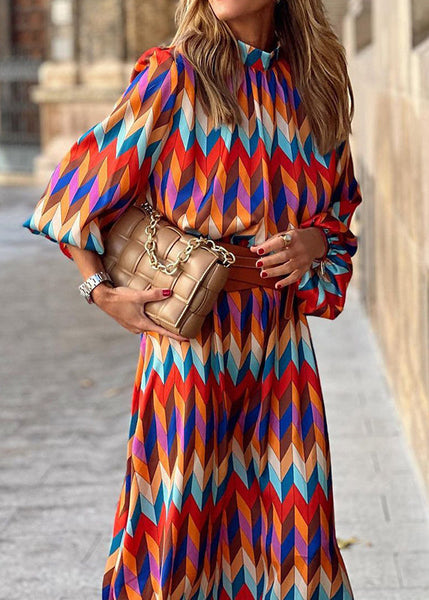 New Stand Collar Geometric Print Cotton Long Dresses Lantern Sleeve QR011 BB-ZS-WM-FDL240929