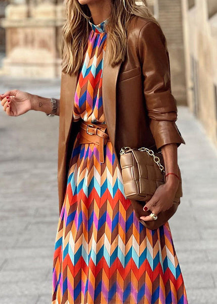 New Stand Collar Geometric Print Cotton Long Dresses Lantern Sleeve QR011 BB-ZS-WM-FDL240929