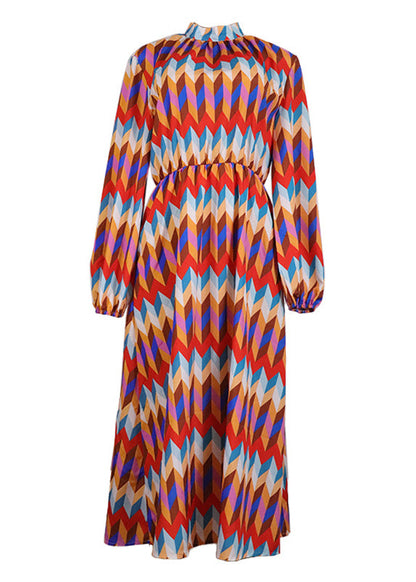 New Stand Collar Geometric Print Cotton Long Dresses Lantern Sleeve QR011 BB-ZS-WM-FDL240929