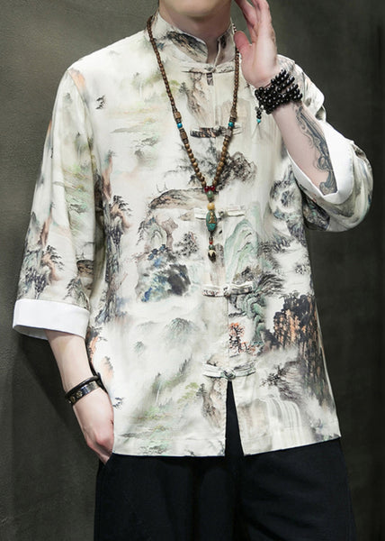 New Stand Collar Print Button Ice Silk Mens Shirts Bracelet Sleeve YT070 Men-Silk-MENLTP240721