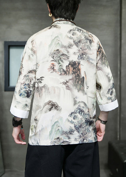 New Stand Collar Print Button Ice Silk Mens Shirts Bracelet Sleeve YT070 Men-Silk-MENLTP240721