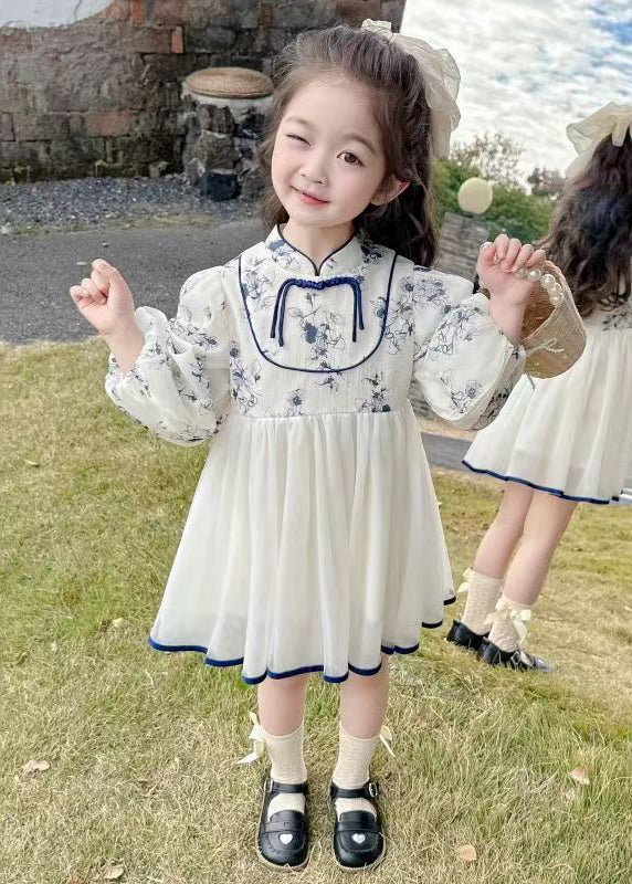 New Stand Collar Print Tulle Patchwork Girls Dresses Fall XZ084 FALL-MM-RCTZ-FDGL240618