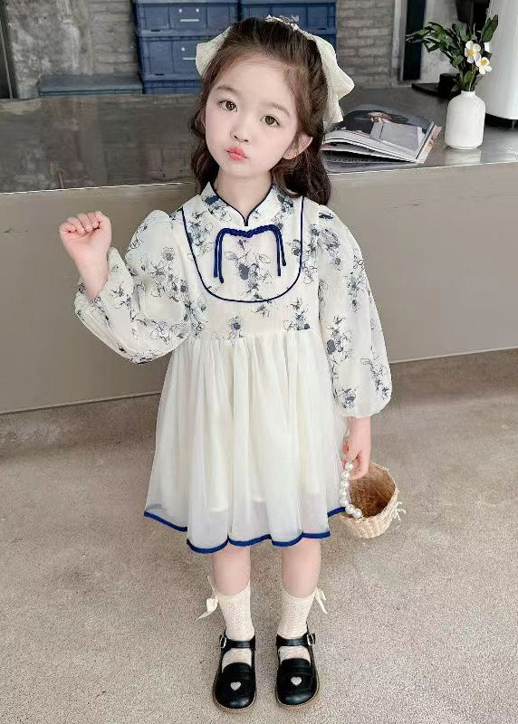 New Stand Collar Print Tulle Patchwork Girls Dresses Fall XZ084 FALL-MM-RCTZ-FDGL240618