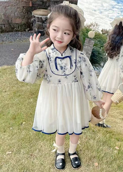 New Stand Collar Print Tulle Patchwork Girls Dresses Fall XZ084 FALL-MM-RCTZ-FDGL240618