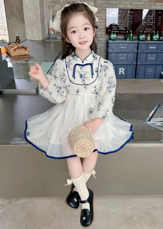 New Stand Collar Print Tulle Patchwork Girls Dresses Fall XZ084 FALL-MM-RCTZ-FDGL240618
