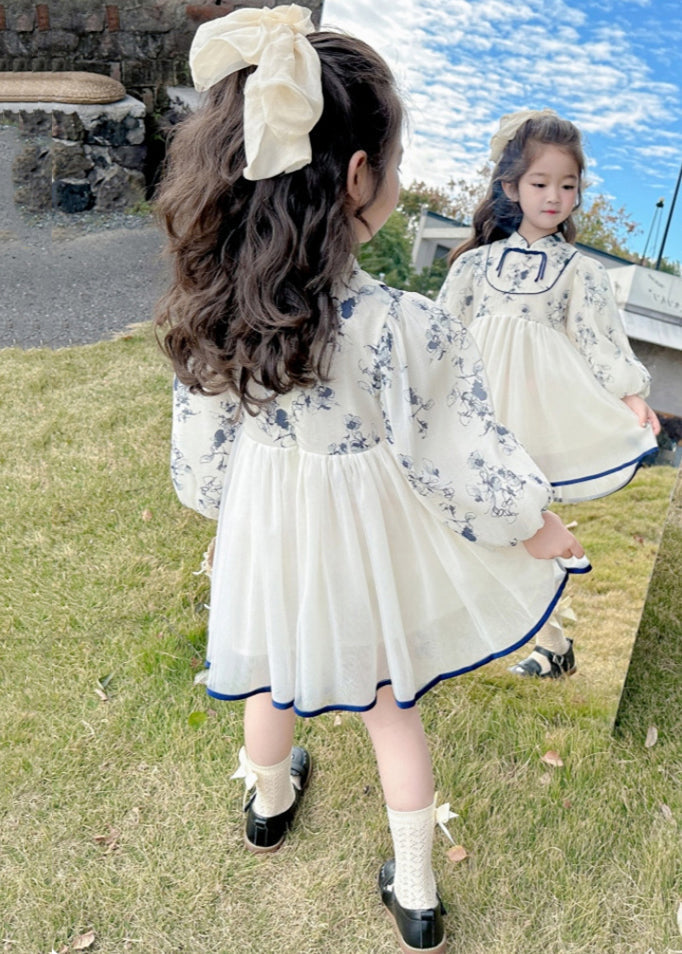 New Stand Collar Print Tulle Patchwork Girls Dresses Fall XZ084 FALL-MM-RCTZ-FDGL240618