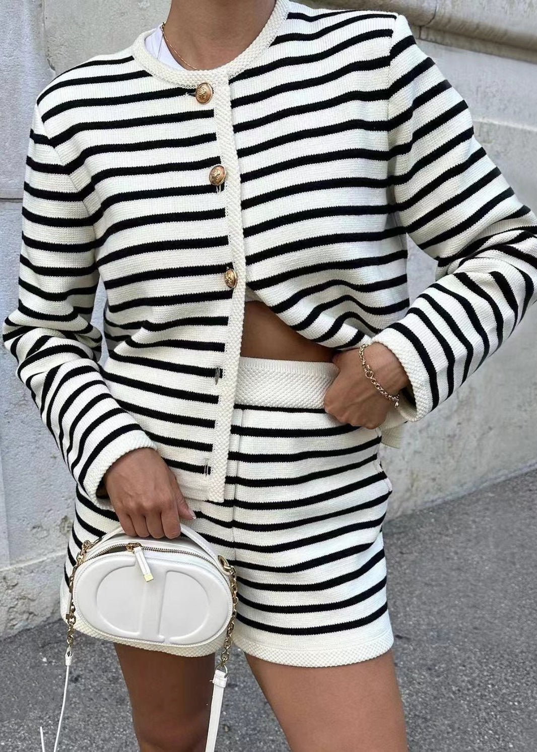 Knitting Coat Set And Striped Two Piece New Cotton Shorts Button FashionChic