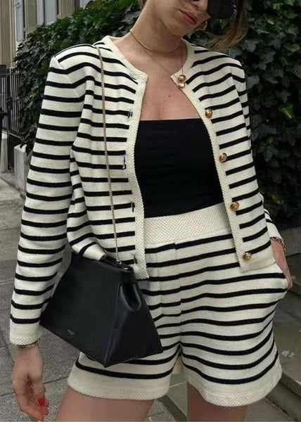 Knitting Coat Set And Striped Two Piece New Cotton Shorts Button FashionChic