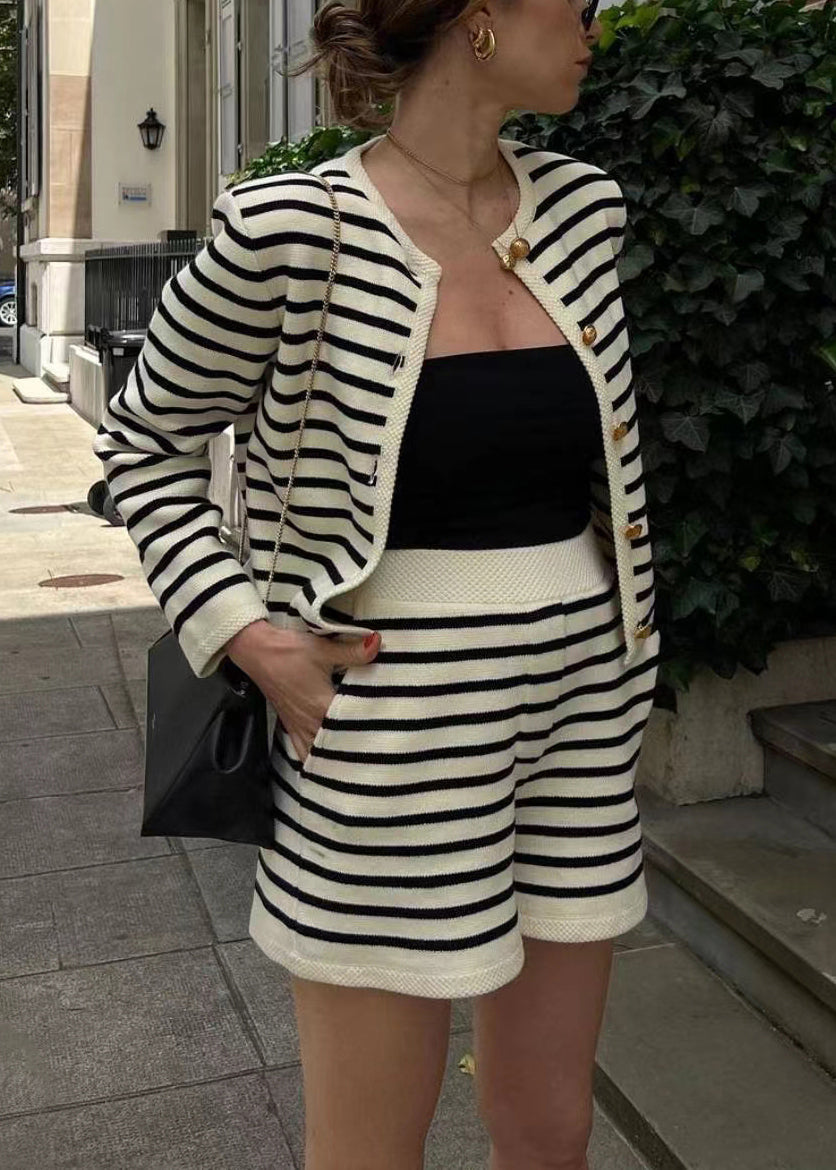 Knitting Coat Set And Striped Two Piece New Cotton Shorts Button FashionChic