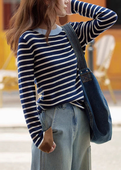 New Striped O Neck Patchwork Cozy Knit Sweaters Long Sleeve TU043