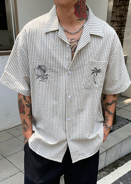 Men Pockets Striped New Summer Shirt Cotton Print FashionChic