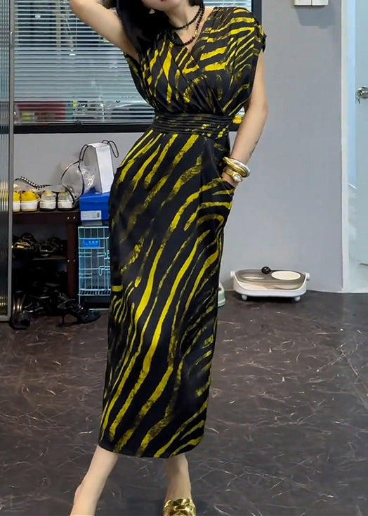 New Striped V Neck Pockets Cotton Long Dress Summer XX072 SH-LF-SDL240611