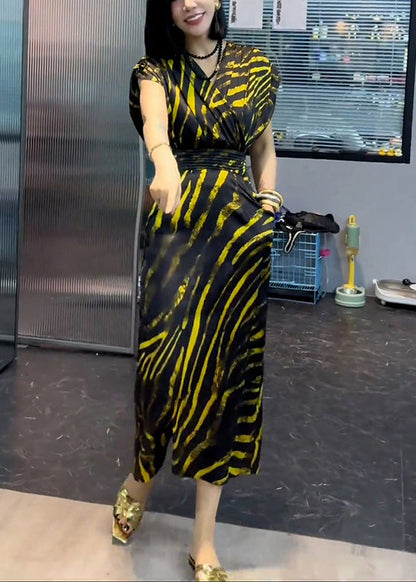 New Striped V Neck Pockets Cotton Long Dress Summer XX072 SH-LF-SDL240611