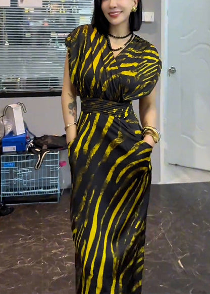 New Striped V Neck Pockets Cotton Long Dress Summer XX072 SH-LF-SDL240611