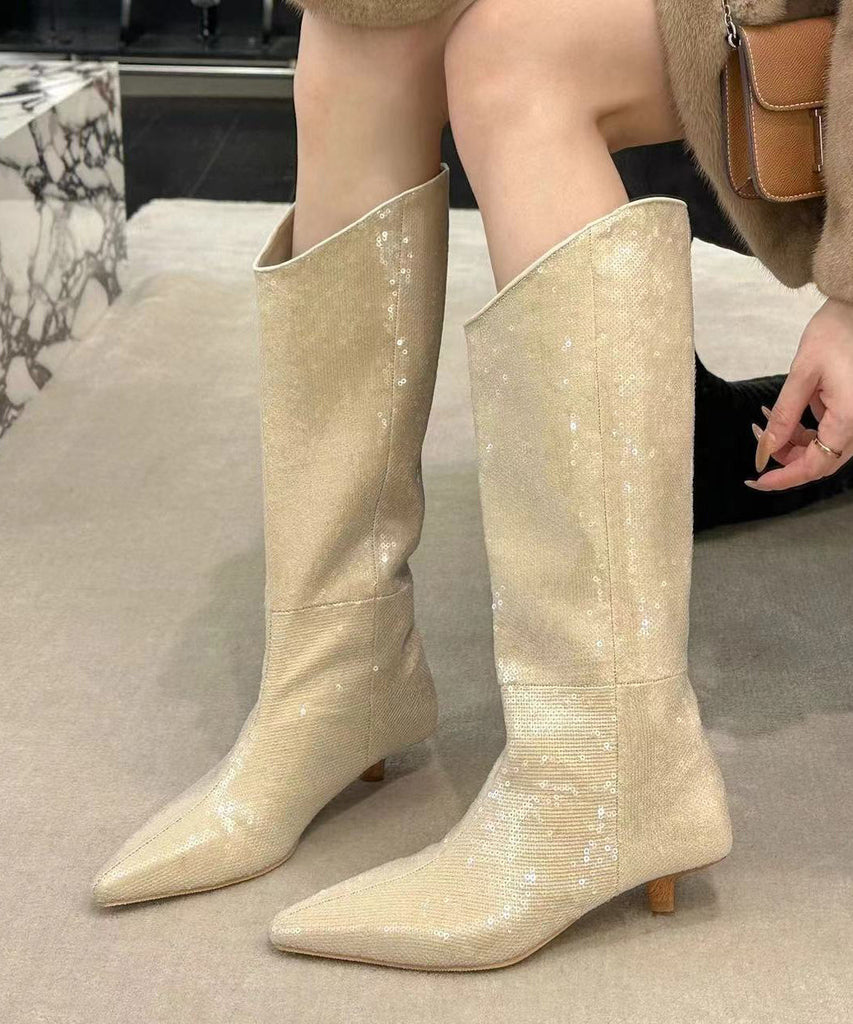 New Stylish Apricot Kitten Heels Sequins Boots WB003 ABC