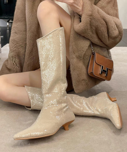New Stylish Apricot Kitten Heels Sequins Boots OM009 ABC