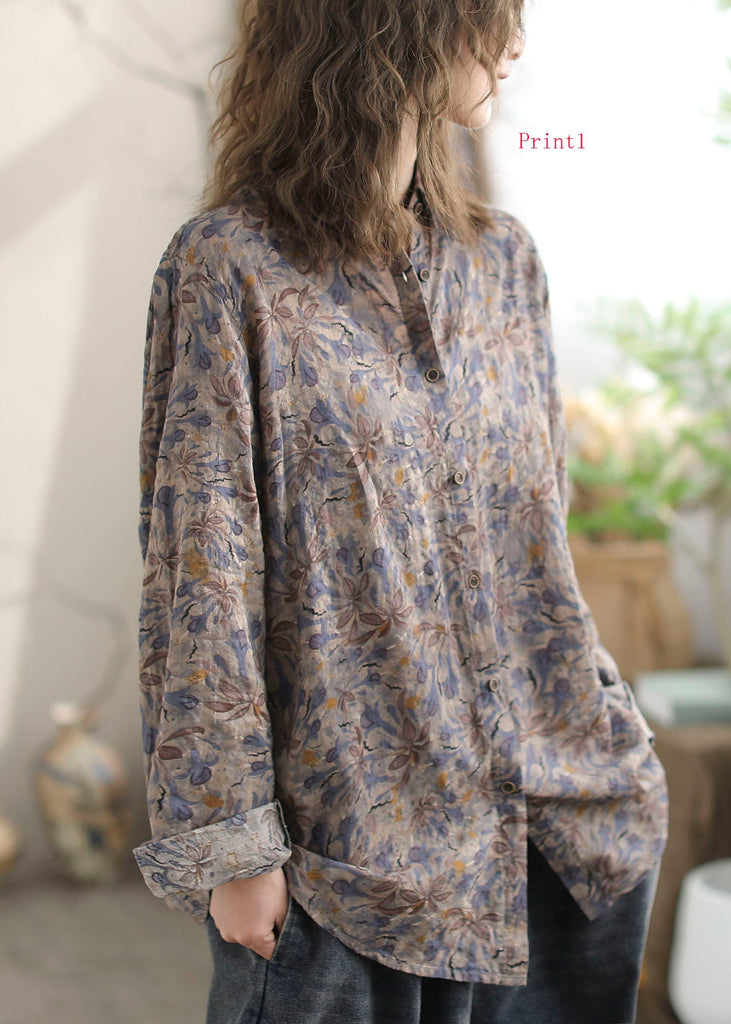 New Versatile Floral Print Peter Pan Collar Cotton Shirt Long Sleeves FF014 MZF-LTP240607