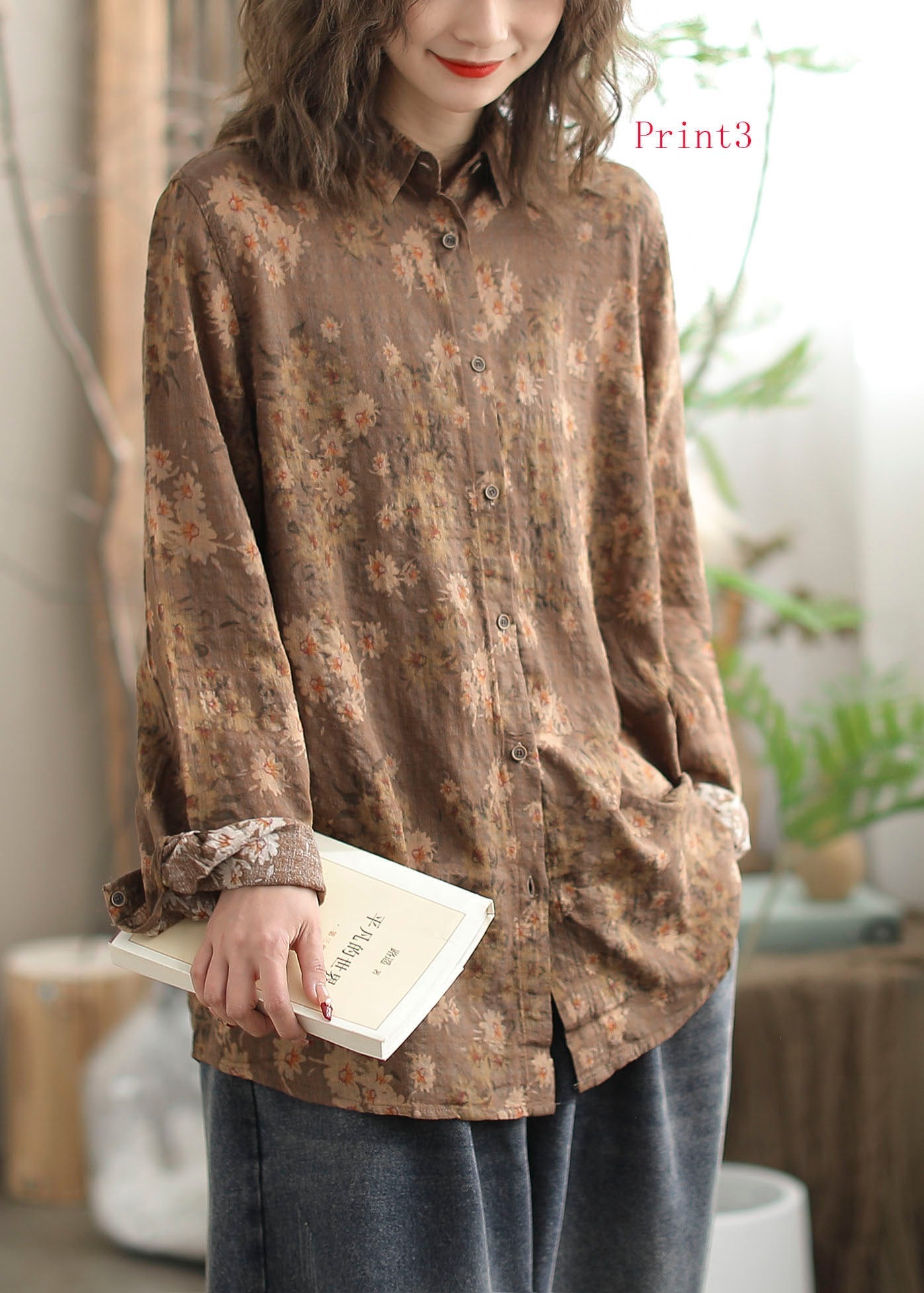 New Versatile Floral Print Peter Pan Collar Cotton Shirt Long Sleeves FF014 MZF-LTP240607