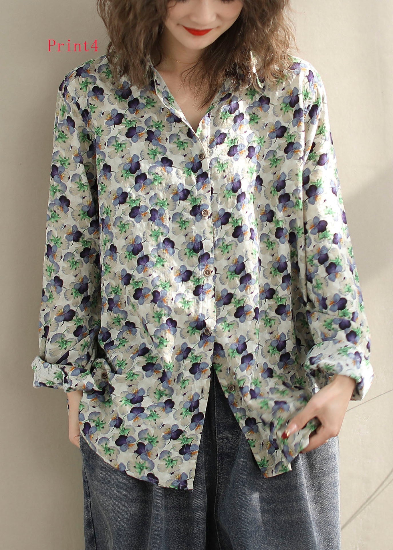 New Versatile Floral Print Peter Pan Collar Cotton Shirt Long Sleeves FF014 MZF-LTP240607