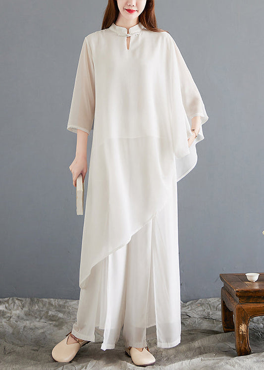 New White Asymmetrical Button Chiffon Sets 2 Pieces Half Sleeve OP1014 Ada Fashion