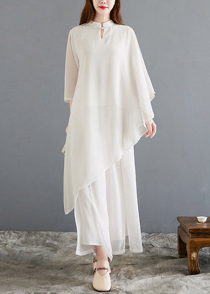 New White Asymmetrical Button Chiffon Sets 2 Pieces Half Sleeve OP1014 Ada Fashion