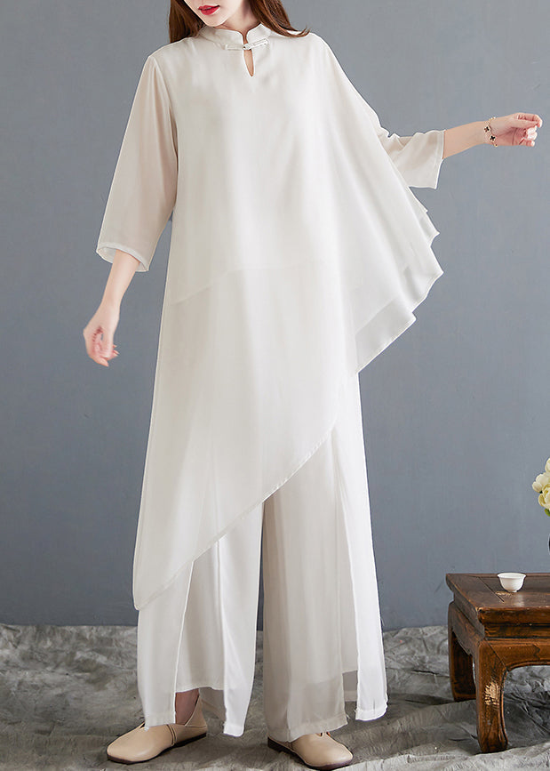 New White Asymmetrical Button Chiffon Sets 2 Pieces Half Sleeve OP1014 Ada Fashion